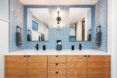 blue, white and light wood bathroom