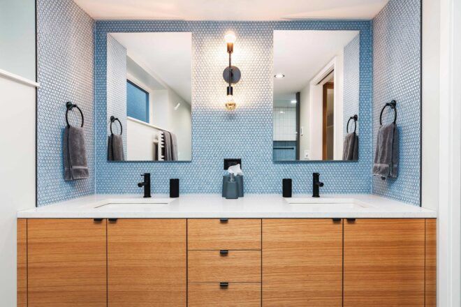 blue, white and light wood bathroom