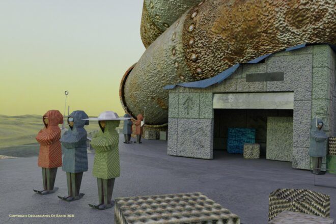 video game characters standing at base of floating tower