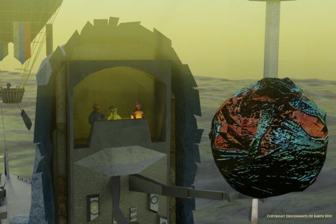 video game rendering of scientists inside a tower