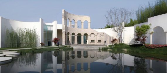 large white building with ancient Roman archwaysnear wetlands