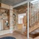 tan and teal brick wall with staircase