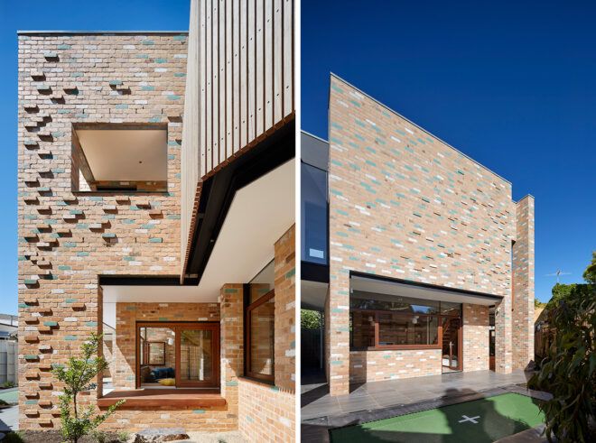 home with tan and teal brick exterior and swimming pool