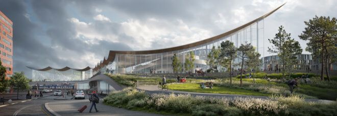 glass building with sloping roof