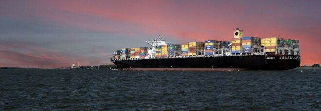 container ship at sunset