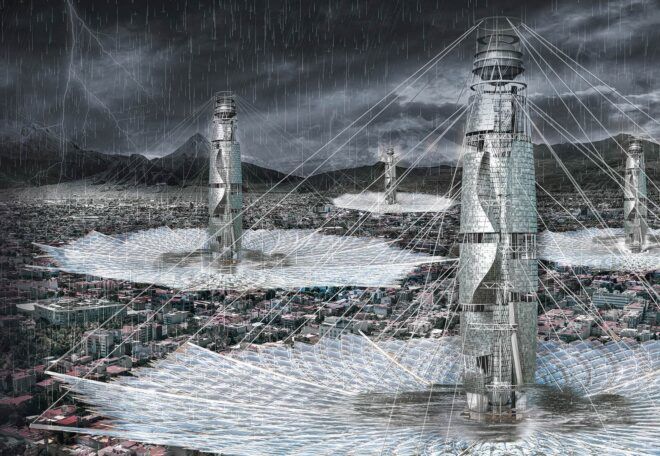 diagram of metal towers during a rainstorm