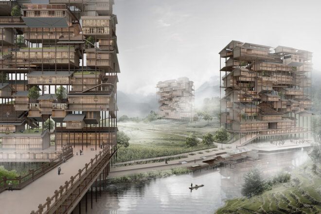 rendering of tall wood buildings with farmland in between