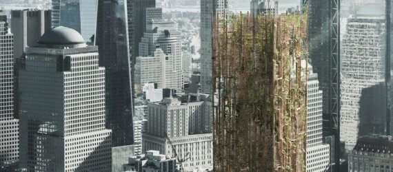 rendering of of skyscraper made from trees