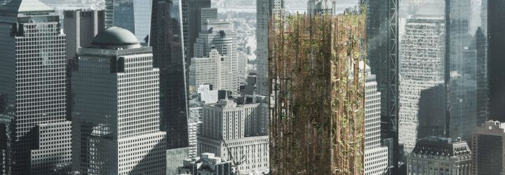rendering of of skyscraper made from trees