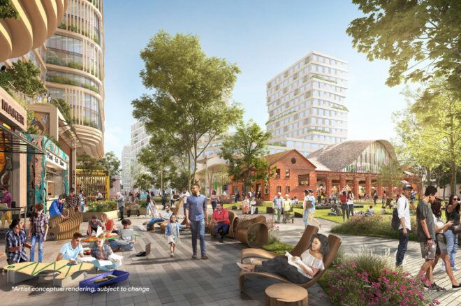 rendering of brick building near glass buildings covered in plants
