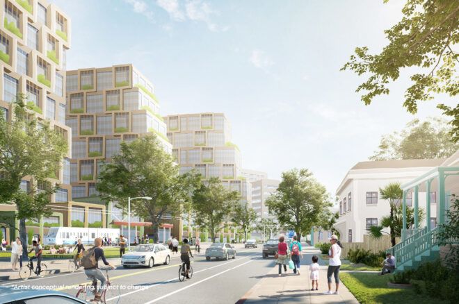 rendering of people walking and biking on streets