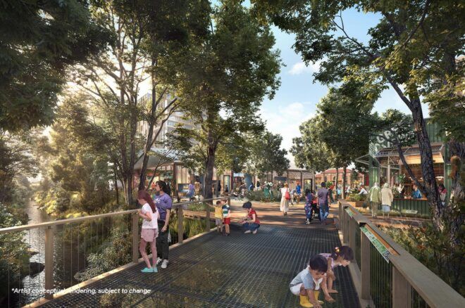 rendering of people on bridge looking at river