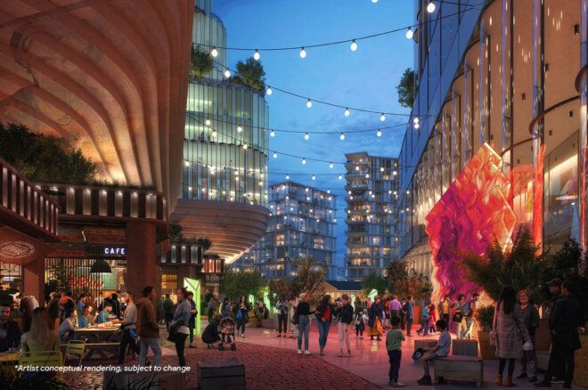 rendering of buildings lit up at night