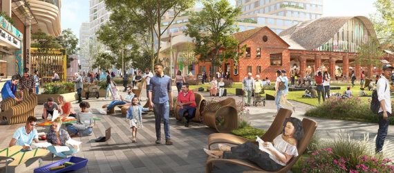 rendering of brick building near glass buildings covered in plants