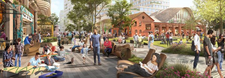 rendering of brick building near glass buildings covered in plants