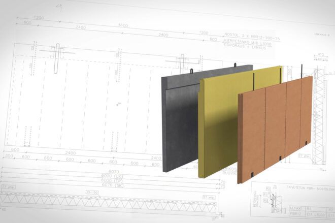 A rendering of the three layers of the hybrid sandwich wall.