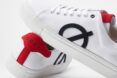 red, white and navy sneakers