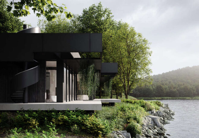 A close-up side-view of the home, with a white deck and black overhanging roof.