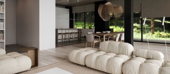 A neutral-toned living room with white sofas.
