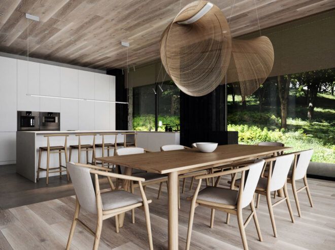 A neutral-toned dining room with lights made of woven wood strips hanging over a wood dining table and chairs.