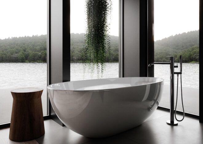 A white free-standing bathtub in a room of glass walls, with a green plant hanging overhead.