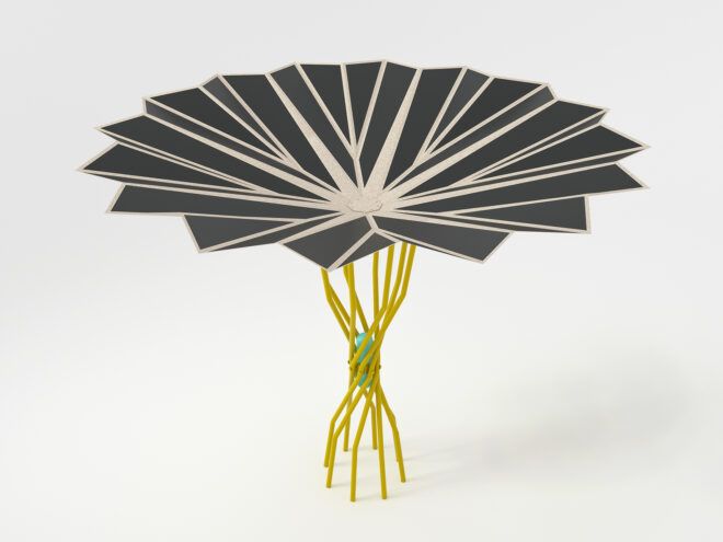 beach umbrella with yellow base and solar panels on the top