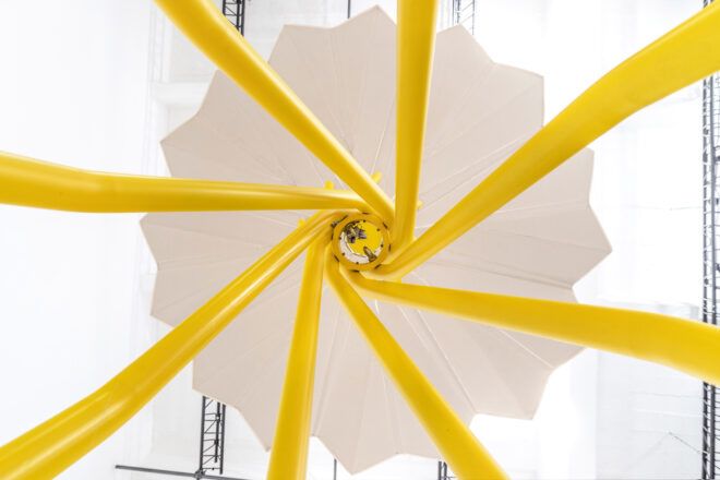 worm's eye view of open beach umbrella