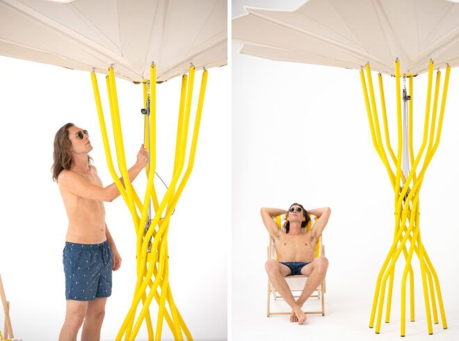 person repositioning umbrella