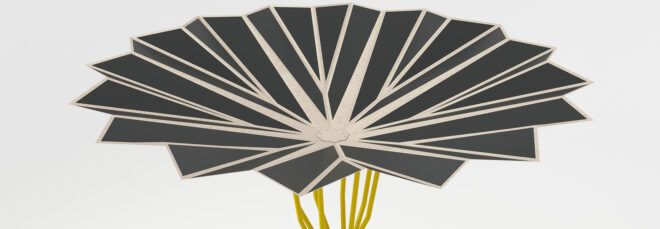 beach umbrella with yellow base and solar panels on the top