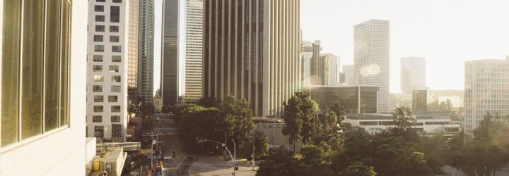 trees between office buildings in Los Angeles