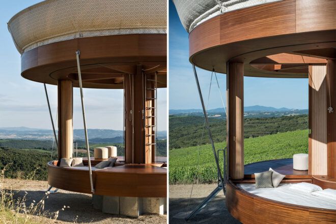 Two images: on the left, an image showing an open wooden structure. On the right, an image showing a closer view of the structure.