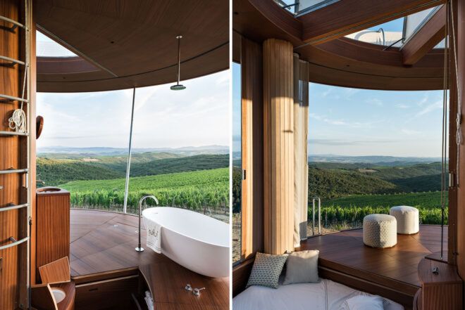 Two images: on the left, an image showing a bathtub looking out on a green valley through the building's open sliding wall. On the right, an image of the bedroom overlooking a valley.