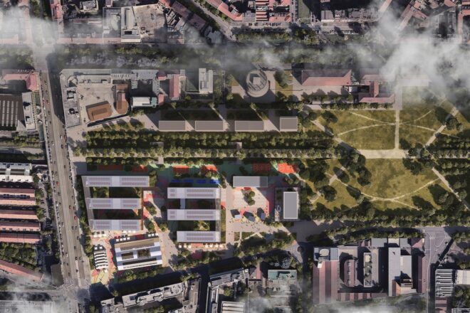 A bird's-eye view of the city lot where the project will be built.