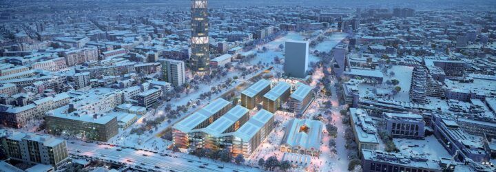 An overhead view of a city with an Olympic Village set up.