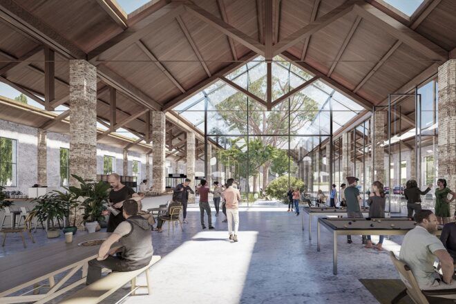 An indoor recreation area where people mill around.