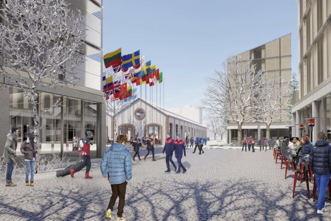 A rendering of an icy courtyard in the Olympic village, with people walking by.
