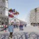 A rendering of an icy courtyard in the Olympic village, with people walking by.