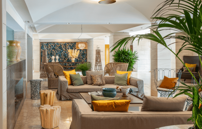 spa lobby with beige sofas