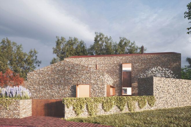 Two criss-crossing volumes made up of a beige, natural stone facade and orange tile roof. Greenery lines the exterior of the home.