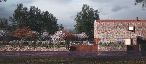 A streetview of a home with a beige, natural stone facade and orange tile roof.