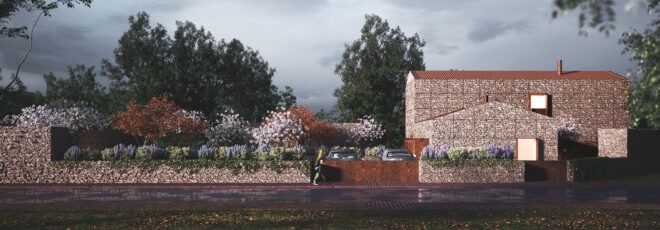 A streetview of a home with a beige, natural stone facade and orange tile roof.