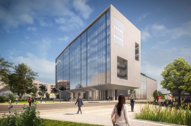 rendering of concrete and glass office building surrounded by courtyards