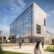 rendering of concrete and glass office building surrounded by courtyards