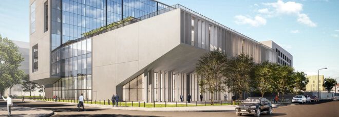 rendering of trees surrounding concrete and glass office building