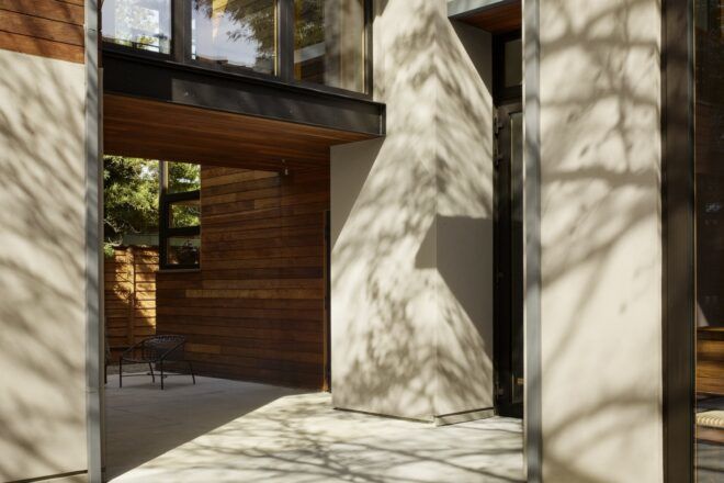 An exterior walkway through the home.