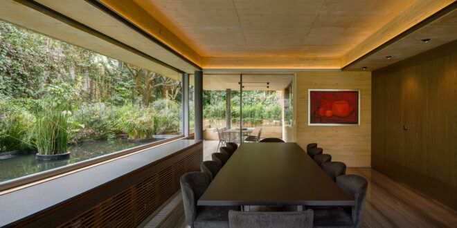 long table in room with glass walls