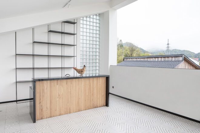 chicken on wood counter in white room