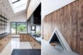 On the left, kitchen with wood cabinets and black counters. On the right, wood accent wall with triangular fireplace at the base