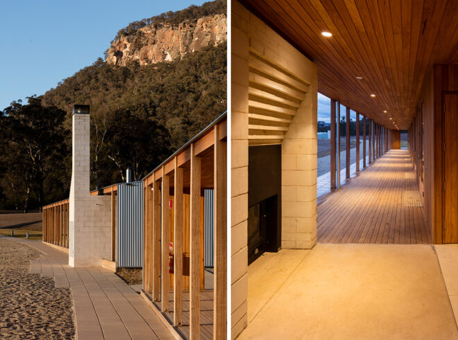 Wood school building with metal accents