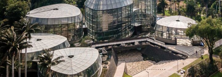 An elevated view of the botanic garden greenhouse buildings.